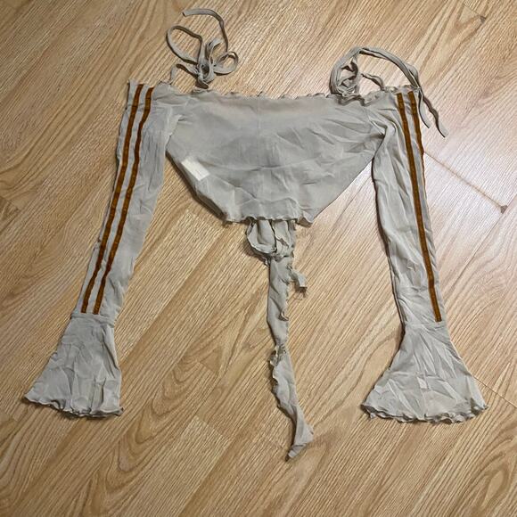 Zemeta Beige Mesh Tie Crop Top Long Sleeve Sheer Velvet Brown Stripes Size Small - Picture 2 of 10